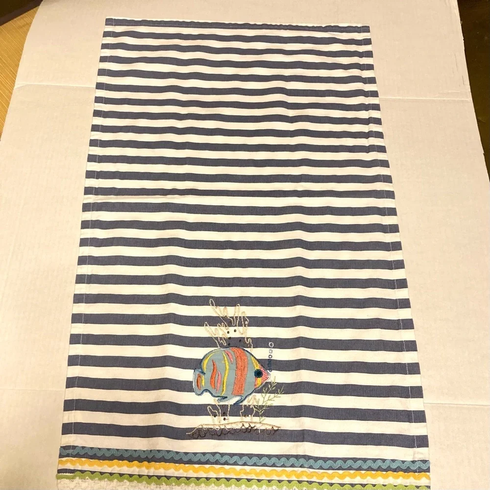 PIER 1 IMPORTS Nautical Stripe Fish Lace Embroidered Zig Zag Towel 29 x 17 in